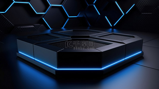 深蓝色和黑色 3D 渲染的六角形平台模型