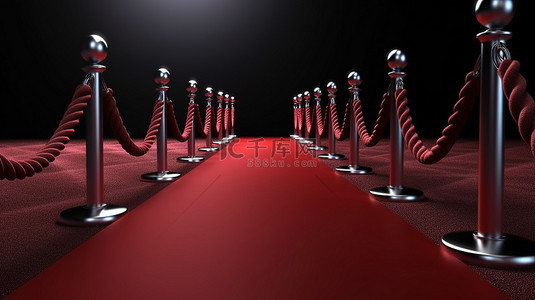 VIP 概念红地毯 3D 渲染，带有丝绸背景和绳索屏障