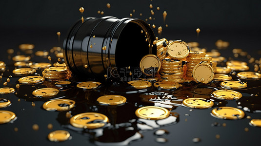经济金币背景图片_闪闪发光的黑色桶，装饰着油滴和成堆的金币，是一种有价值的商品的 3D 插图