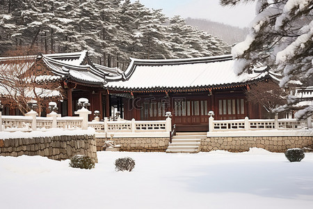 冬天古建筑背景图片_雪中​​的中国韩屋