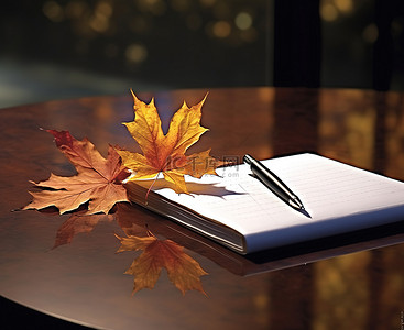 一本带笔的笔记本放在一些叶子之前