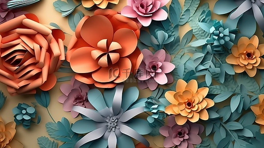 3D 渲染的纸张风格花卉艺术