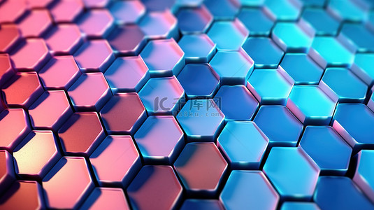 荧光蓝荧光背景图片_3D 渲染蓝色和粉色六角形抽象背景图案的插图