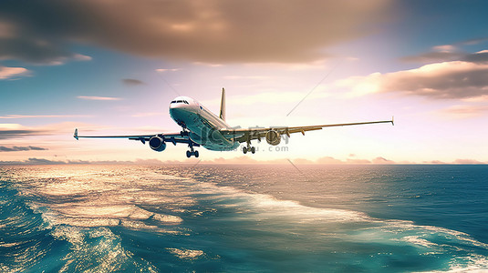 飞机在平静的大海上滑行的 3D 渲染图像