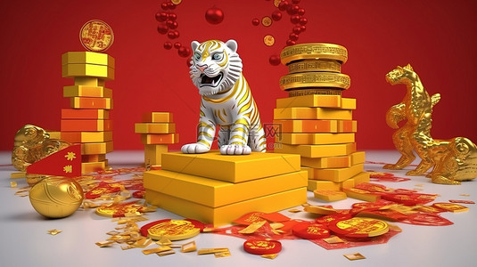元宵节礼物背景图片_3d 老虎周年庆典在讲台上呈现出一只雄伟的老虎，周围环绕着财富和礼物