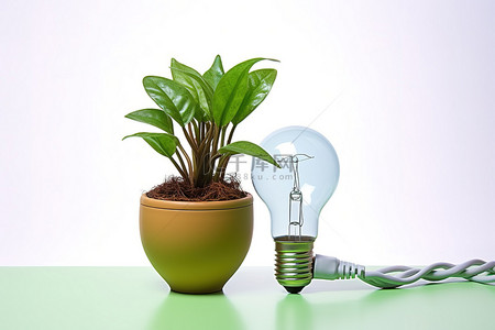 白炽灯型背景图片_插座中两个白炽灯泡旁边的绿色盆栽植物