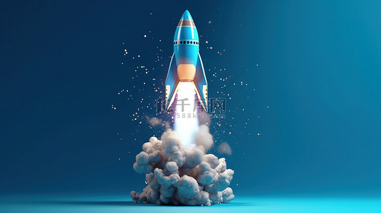 蓝色背景下火箭发射的 3D 渲染