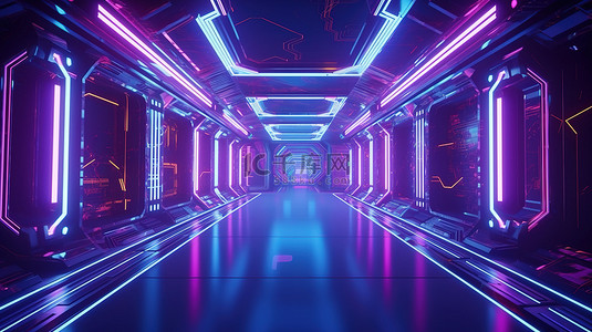 科幻朋克背景图片_3d 渲染中霓虹灯发光的蓝色紫色宇宙飞船走廊的科幻插图