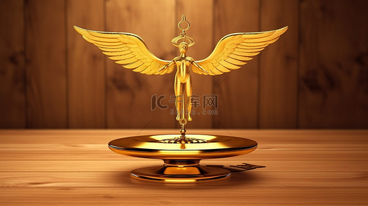 量一量数学书背景图片_一张木桌，以 3D 渲染的金色医疗杖符号作为鳞片