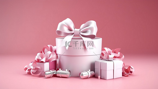 优雅的白色礼盒，配有礼物缎弓和粉红色背景的 3D 插图