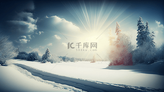 寒冬背景图片_冬季雪景阳光松树背景