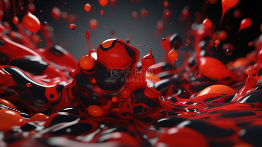 黑色溅背景上的动态红色流体点精致而高档的 3D 设计适合当代和时尚的概念