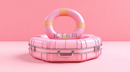 用粉色柔和手提箱上的夏季主题橡胶环探索世界 3D 渲染