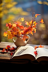 一本打开的书与秋天的落叶