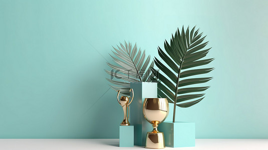 浅蓝色背景上的 3D 渲染父亲节奖杯和棕榈叶装饰，以庆祝父亲的特殊日子