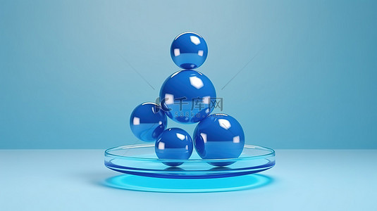 用于产品展示的带有玻璃球的蓝色基座的简约 3D 渲染