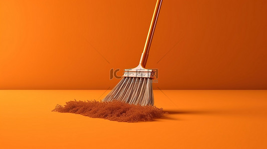 打扫房间背景图片_充满活力的橙色背景上的黑白扫帚的 3D 渲染