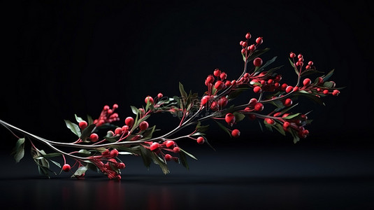黑色背景下明亮的 3D 渲染中优雅的圣诞树枝