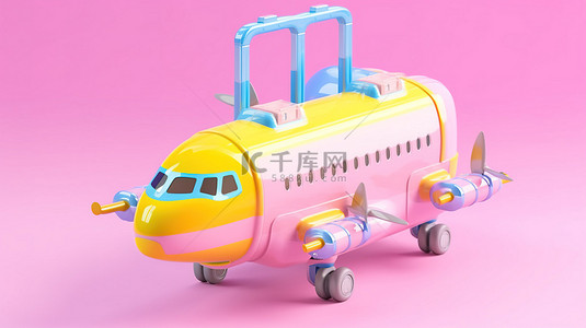 旅行粉色背景图片_旅行风格多色手提箱，配有粉色背景 3D 渲染的俏皮喷气式飞机玩具