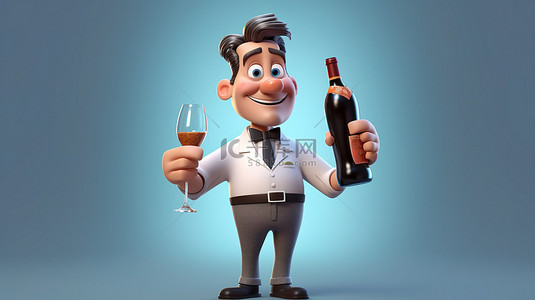 餐饮logo、背景图片_拿着一瓶酒的卡通服务员的 3D 插图
