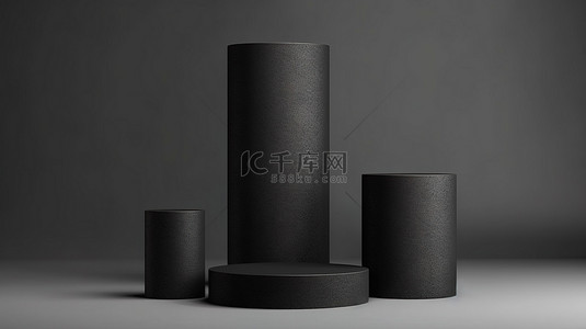 产品展示的简约舞台 3D 渲染黑色圆柱讲台，灰色背景纹理上具有几何形式