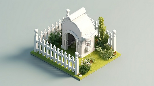带邮箱的等距白色花园围栏的单色 3D 图标