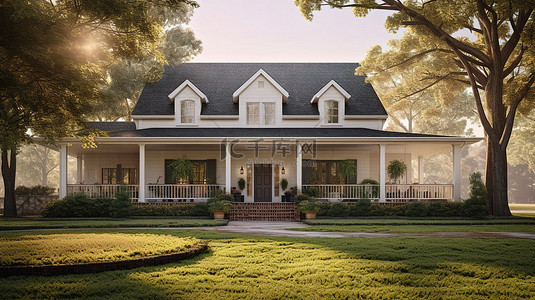 建筑平面屋顶背景图片_永恒的美国乡村别墅的 3d 渲染