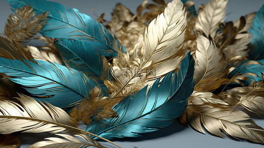 热带装饰背景图片_浅色背景上的 3D 艺术壁纸中的绿松石色和灰色叶子羽毛和金色装饰
