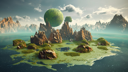 迷人的 3D 渲染，一座郁郁葱葱的绿色岛屿漂浮在火热的星球上方，岩石在空中翱翔