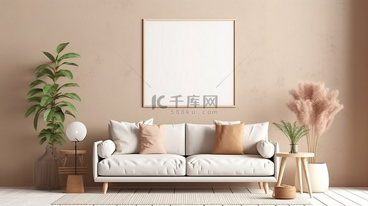 家居风格海报背景图片_家居室内背景中的斯堪迪波西米亚风格客厅 3D 样机海报框架