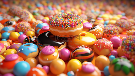 3D 渲染中橙色背景上充满活力的球体中漂流的各种甜食