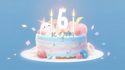 充满活力的 3D 渲染节日生日蛋糕，带有“5”蜡烛和蓝色背景，非常适合复制空间