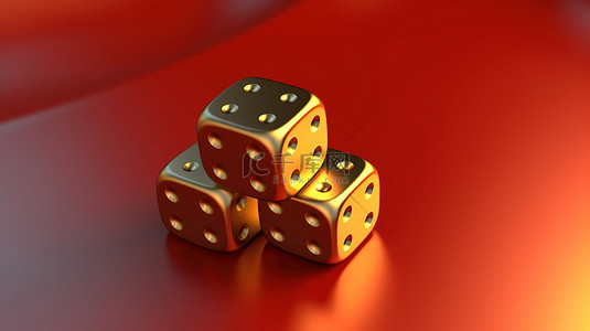 三个金色骰子图标放置在红色哑光金板上 3D 渲染的社交媒体符号