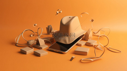 浅橙色背景下的毕业帽书籍和手机的逼真 3D 形状，用于在线教育概念
