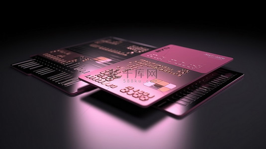 信用卡平放背景图片_黑色混凝土背景下粉色信用卡模板的 3D 插图