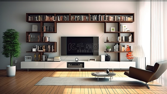 现代生活空间，配有时尚的平板电视和 3D 渲染的时尚书柜