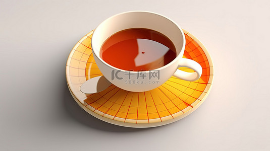 在白色背景的早晨咖啡杯内实现饼图的商业成功 3D 渲染