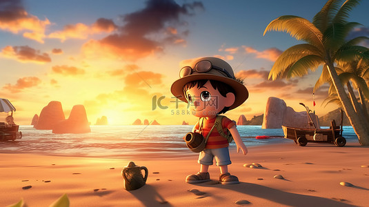 背景多彩背景图片_海滩日落期间孩子玩耍的 3d 插图