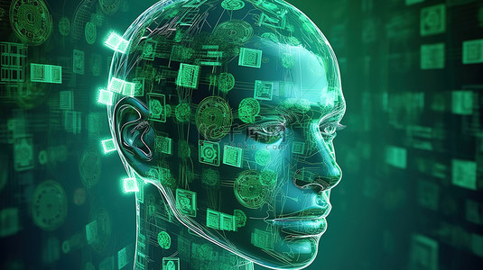 具有以美元加密货币呈现的未来全息图技术的虚拟机器人头