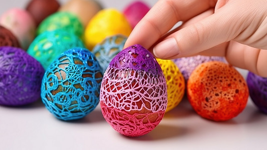 儿童使用 3D 笔塑料丝在白色背景上制作复活节彩蛋的特写