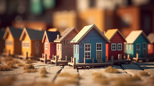 小屋社区质朴木屋的 3D 插图