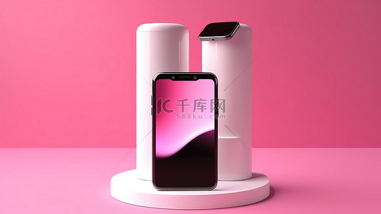 圆柱形讲台上的一对白色屏幕智能手机，带有粉红色背景 3D 渲染中的文本框