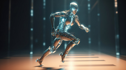 未来派背景以 3D 渲染的机器人或机器人为特色，进行奔跑或跳跃运动