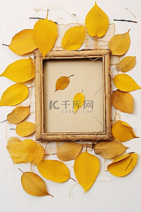 一个小相框，周围散落着黄色的叶子