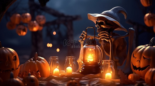 怪异的万圣节场景坟墓骨头头骨女巫大锅灯笼和 3D 幽灵