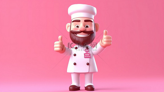 可爱的厨师面包师或咖啡师在 3D 渲染的粉红色背景上竖起大拇指完美的餐厅厨师吉祥物