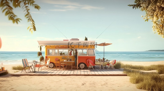 外卖-展开背景图片_路边餐厅的海边用餐 3D 渲染