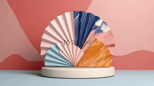 圈纸背景图片_带有大理石基座的彩色抽象纸扇背景的 3D 渲染