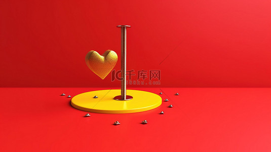 简约情人节概念金锤和钉钉在 3D 渲染中的黄色背景上固定红心形状