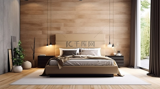 现代风格卧室的 3D 渲染，配有设计精美的家具装饰